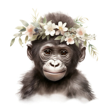 cartoon illustration of a cute gorilla  babay  and flowers