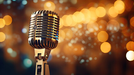 microphone on a table with bokeh lighting on background