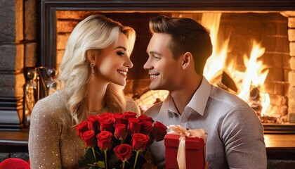 Para młodych ludzi spędzająca ze sobą romantyczny wieczór walentynkowy z prezentami i czerwonymi różami. W tle widać ogień w kominku - obrazy, fototapety, plakaty
