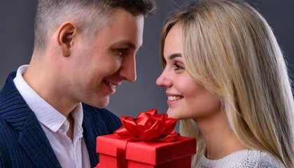 Kobieta i mężczyzna patrzą na siebie i wręczają sobie prezent walentynkowy