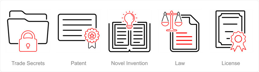 A set of 5 Intellectual Property icons as trade secrets, patent, novel invention