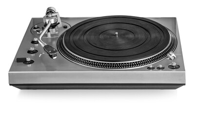 Fototapeta premium Old dusty vinyl turntable player isolated over white background with clipping path