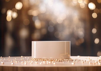  A luxurious beige podium for a jewelry product against the background of blurred lights of jewelry...