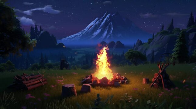 a scene camping at night with campfire, cartoon style, seamless looping 4K video animation background