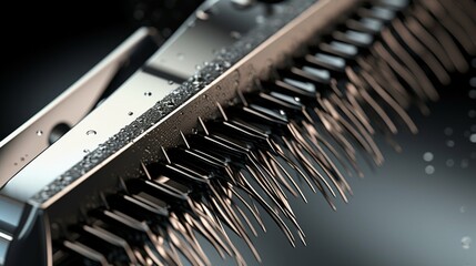 Close-up of hair clippers in action, trimming a head of hair. The blades are capturing hair particles in ultra-high detail. - obrazy, fototapety, plakaty