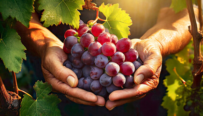 Close-up of two wrinkled hands (cupped hands full of red grapes) of a farmer showing harvesting ripe red grapes with green vine leaves. In the background vineyards at sunset or sunrise. - obrazy, fototapety, plakaty