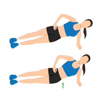 Woman doing side plank hip raises exercise. Flat vector illustration isolated on white background