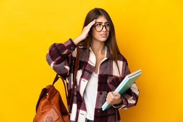 Young student woman isolated on yellow background with headache