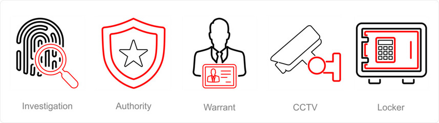 A set of 5 Justice icons as investigation, authority, warrant