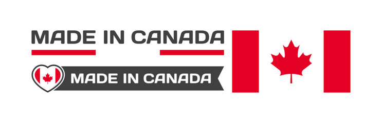 Made in Canada icons. National flag of Canada in the shape of a square, heart. Made in Canada national flag. Vector icons
