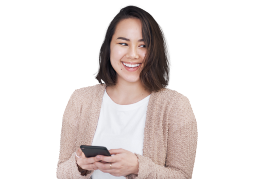 Happiness, smile and woman with a smartphone, typing and connection isolated on transparent background. Person, girl or model with a cellphone, search internet and mobile user with png or digital app