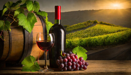 Closeup of a bottle of red wine, glass of red wine, bunch of ripe red grapes and old wooden barrel on a wooden table. In the background vineyards on the hills at sunrise or sunset.