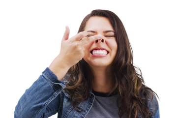 Smile, funny face and nose with a crazy woman or isolated on transparent png background. Comic, comedy and showing nostrils with a weird young female person feeling playful while joking, silly or fun