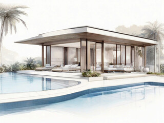 Architectural sketch of a villa. Created using generative AI tools