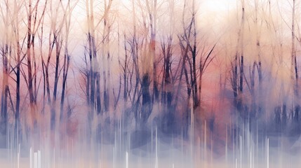 Autumn birch forest. Сreative digital art with atmospheric landscape. Nature background. Illustration for cover, card, postcard, interior design, decor or print.