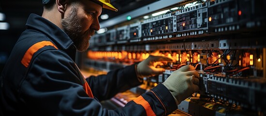 The man is repairing the switchboard voltage with automatic switches. - obrazy, fototapety, plakaty