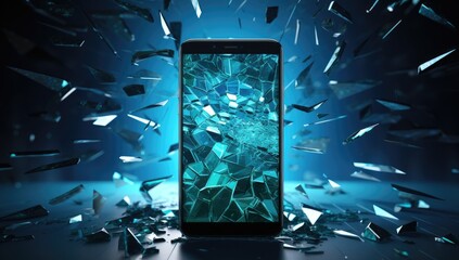 broken glass screen smartphone isolated on black background. Broken phone, cracked modern touch screen. Electronic repair service
