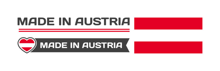 Made in Austria icons. National flag of Austria in the shape of a square, heart. Made in Austria national flag. Vector icons