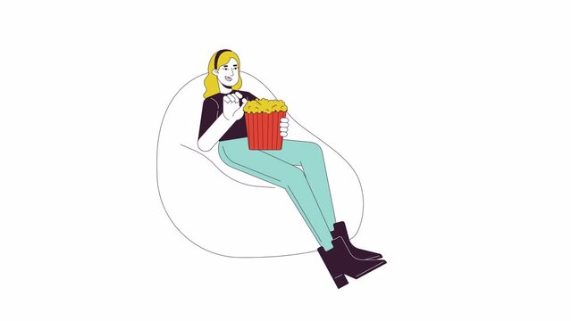 Beanbag woman holding popcorn bucket line 2D character animation. Movie watching home flat color cartoon 4K video, alpha channel. Caucasian girl relaxing on sag bag animated person on white background