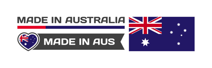 Made in Australia icons. National flag of Australia in the shape of a square, heart. Made in Australia national flag. Vector icons