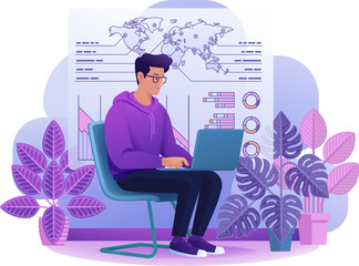 Man, business person student on laptop remote home working writing analysing website internet document infographic stats. Cartoon data analysis, financial stock market trading report finance concept.