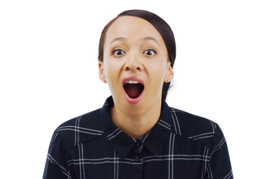 Portrait, wow and surprise with the reaction of a woman to news or gossip isolated on a transparent background. Face, emoji and announcement with a young person looking mind blown or shocked on PNG