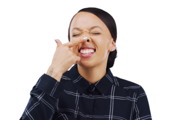 Woman, nose and funny face or comedy, silly and smile or isolated on transparent png background. Happy female person, crazy and comic or humor, emoji and weird personality or joke, goofy and freedom