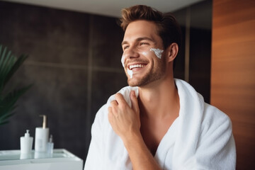 Beautiful caucasian man in white towel bringing face cream looking at mirror admiring touching cheeks smiling - Powered by Adobe