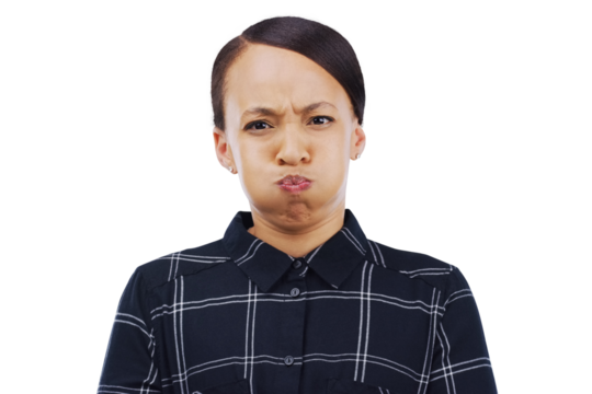 Portrait, frown and woman with hold breath for stink or bad smell, reaction and trash or garbage. Young, model and face with negative expression for stench and isolated on transparent png background - Powered by Adobe