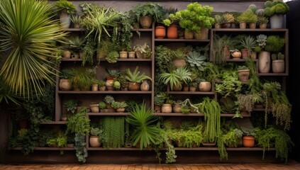 Fototapeta na wymiar Wall with many Pots with Plants.