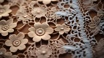 Exquisite Handmade Lace Trim: A Detailed Macro Close-Up Unveiling the Intricate Beauty of Fine Lace Craftsmanship and Delicate Patterns, Texture lace fabric. lace on white background studio. thin fab
