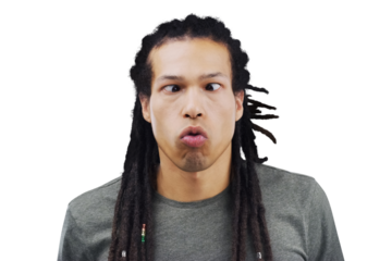 Funny, face and man with squint eyes on isolated, transparent or png background, Crazy, emoji or model with comic, expression or goofy personality, mood and joke, humor or unique cross eyeball trick