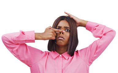 Finger on nose, funny face and portrait of Indian woman on isolated, png and transparent...