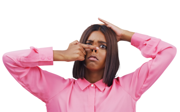 Finger on nose, funny face and portrait of Indian woman on isolated, png and transparent background. Emoji, comic and person with silly gesture, goofy and crazy expression for joke, humor and comedy
