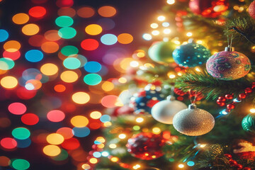 christmas tree decorations with bokeh lights background