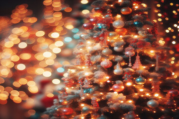 christmas tree lights and ornaments with bokeh background
