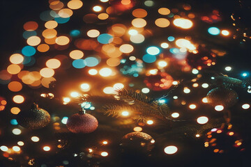christmas background with decorations and bokeh lights
