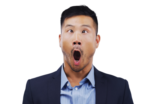 Funny, face and asian man with cross eyes on isolated, transparent or png background, Crazy, emoji or model with wow, expression or personality, mood and joke, humor or unique squint eyeball trick