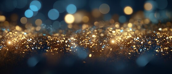 De-focused background of blue, gold and black glitter lights. Abstract bokeh pattern. Creative...