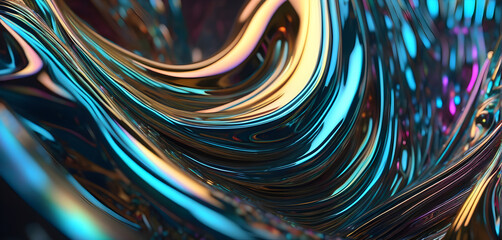 Beautiful Graphic Design of Metallic Chrome, Styled in a Flowing Motion. Encompassed by Complementary Shades of Cerulean Blue, Warm Gold, Obsidian Black and Hints of Magenta Purple.