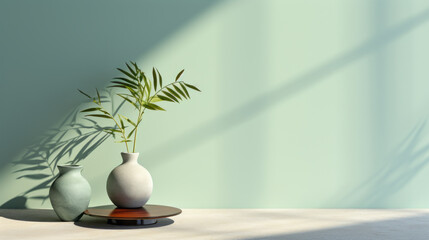 Minimalist abstract gentle light mint green background for product presentation with light and intricate shadows from the window and vegetation on the wall.