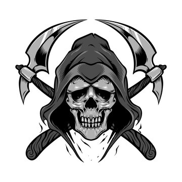 Grim reaper hooded skull with crossed scythe illustration and tshirt design