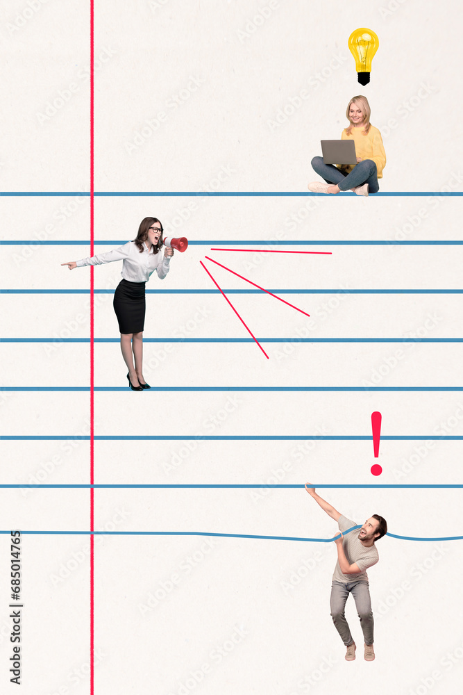 Poster collage of motivation manager woman screaming in loudspeaker punish employee during another colleagu