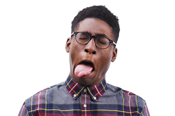 Funny, face and black man with tongue out gesture on isolated, transparent or png background. Comic, emoji and silly male model with goofy mood, personality or gross reaction to disgusting taste - obrazy, fototapety, plakaty
