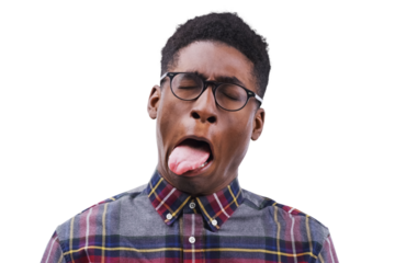 Funny, face and black man with tongue out gesture on isolated, transparent or png background. Comic, emoji and silly male model with goofy mood, personality or gross reaction to disgusting taste