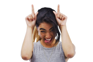 Funny, portrait and crazy woman with loser, hands or tongue out expression on isolated, transparent...