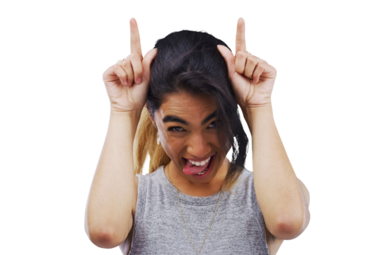 Funny, portrait and crazy woman with loser, hands or tongue out expression on isolated, transparent or png background. Comic, face and female with devil horns emoji for insult, bullying or goofy mood