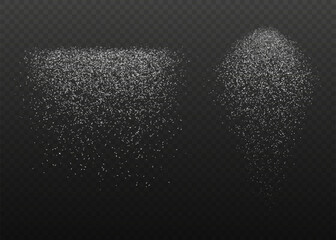 Design element for kitchen, bakery, advertising, video. Powder sugar explosion or splash png, falling flour, salt powder falling gently. Top view 3d effect	