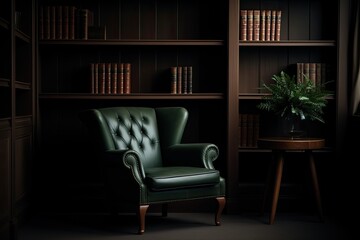 A classic vintage library room with dark green leather armchair, wooden bookshelves, and antique furniture, exuding a warm and timeless ambiance.