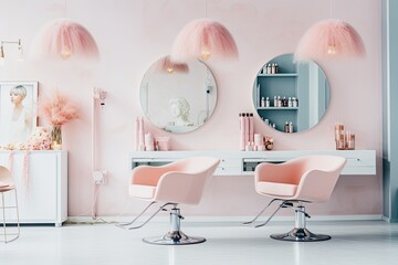 Modern, stylish makeup studio and beauty room with white and green accents, featuring elegant pink elements. - obrazy, fototapety, plakaty